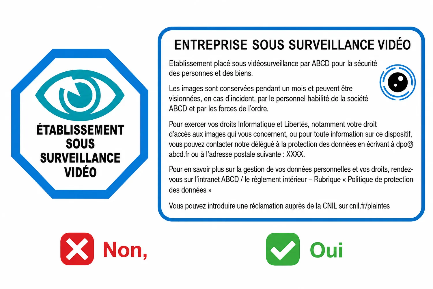 Panneau d'affichage obligatoire signalant un espace sous vidéosurveillance conforme CNIL et RGPD