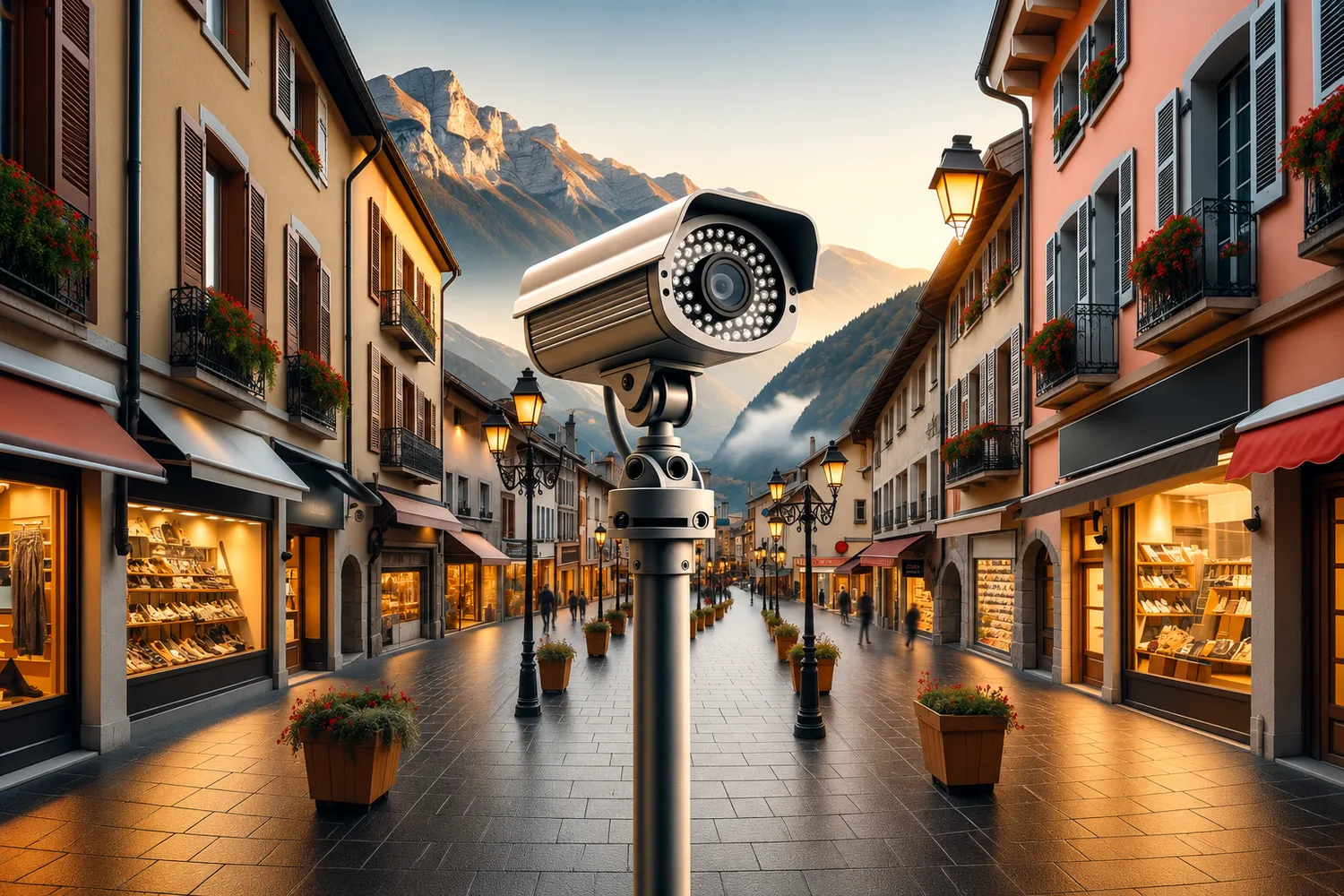 Caméra de vidéosurveillance installée au plafond d'une boutique à Annecy